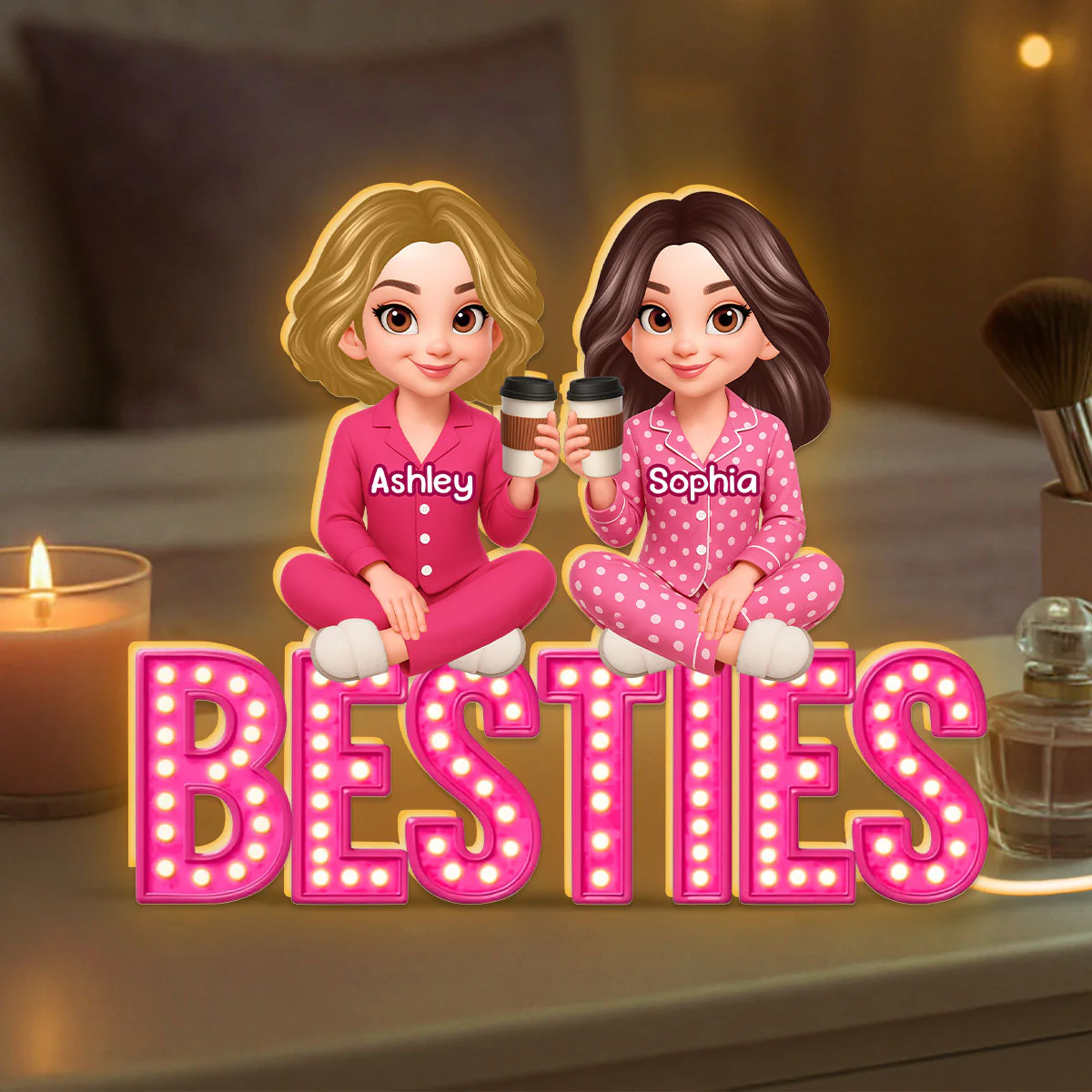 Pink Marquee Besties Sisters Sitting On Text Personalized Light Box - Image 2