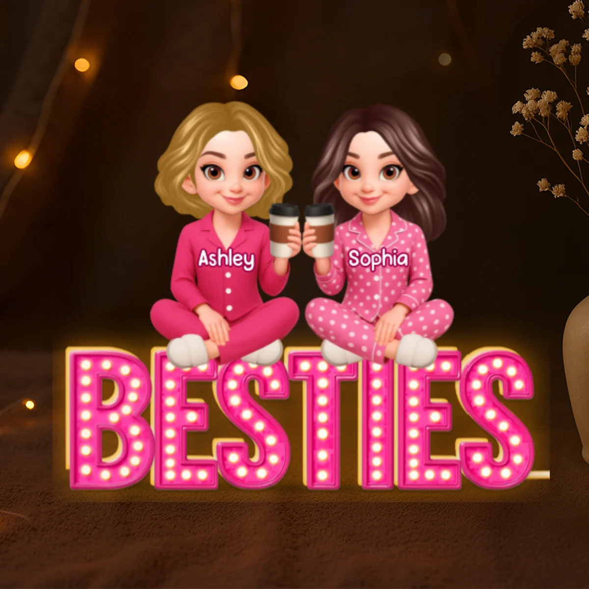 Pink Marquee Besties Sisters Sitting On Text Personalized Light Box - Image 7