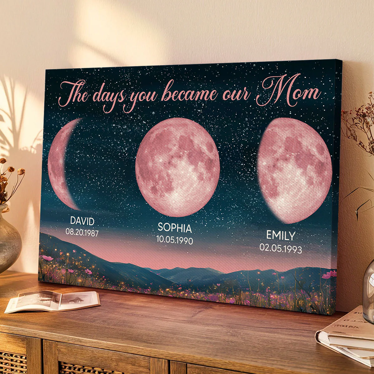 Pink Moon Phase Custom Birth Moon Beautiful Hill At Night Personalized Canvas, Gift - Image 4