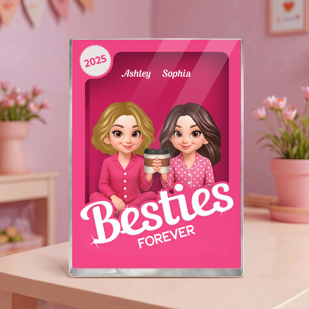 Pink Pajamas Besties 3D Effect Action Figure Personalized Acrylic Block - Image 2