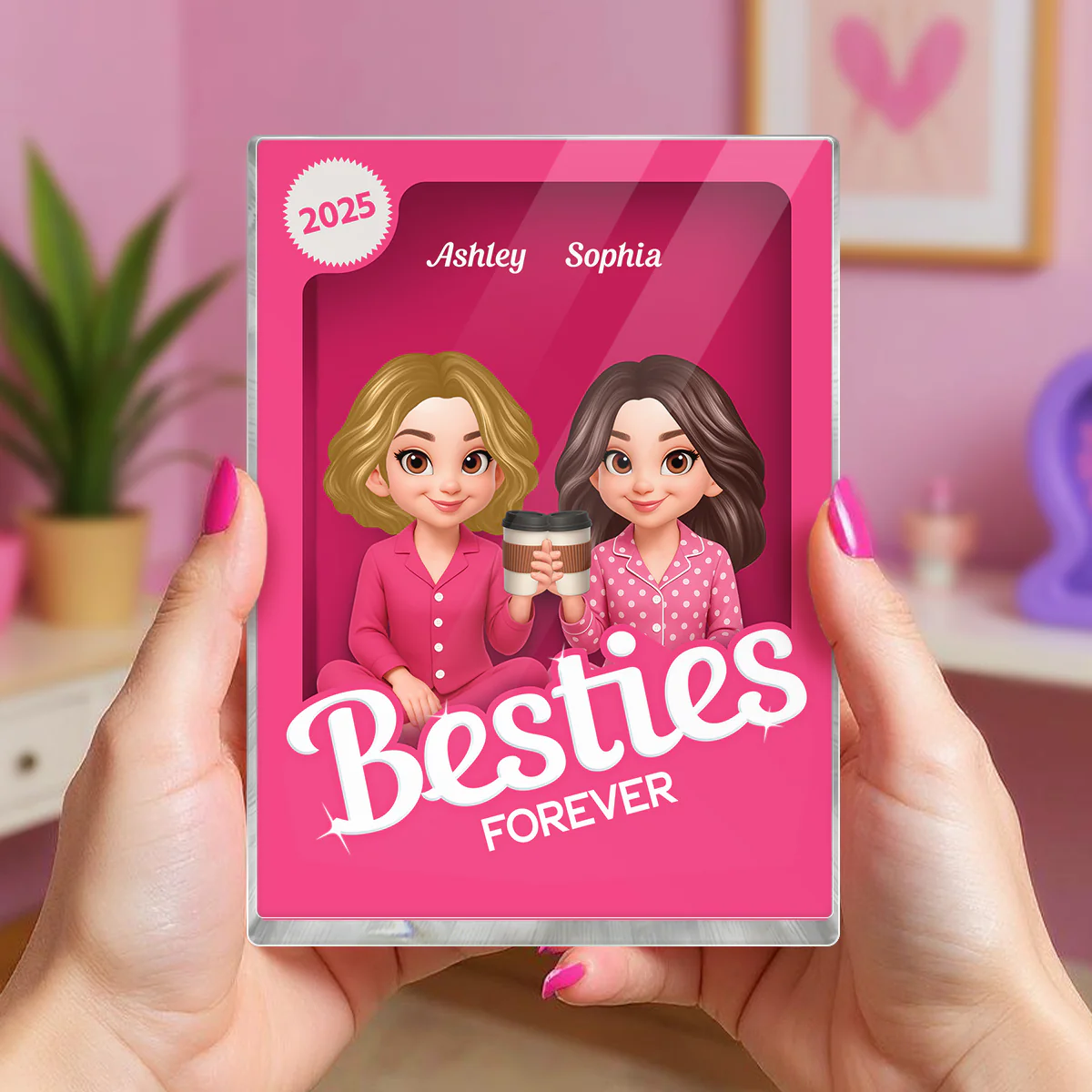 Pink Pajamas Besties 3D Effect Action Figure Personalized Acrylic Block - Image 5