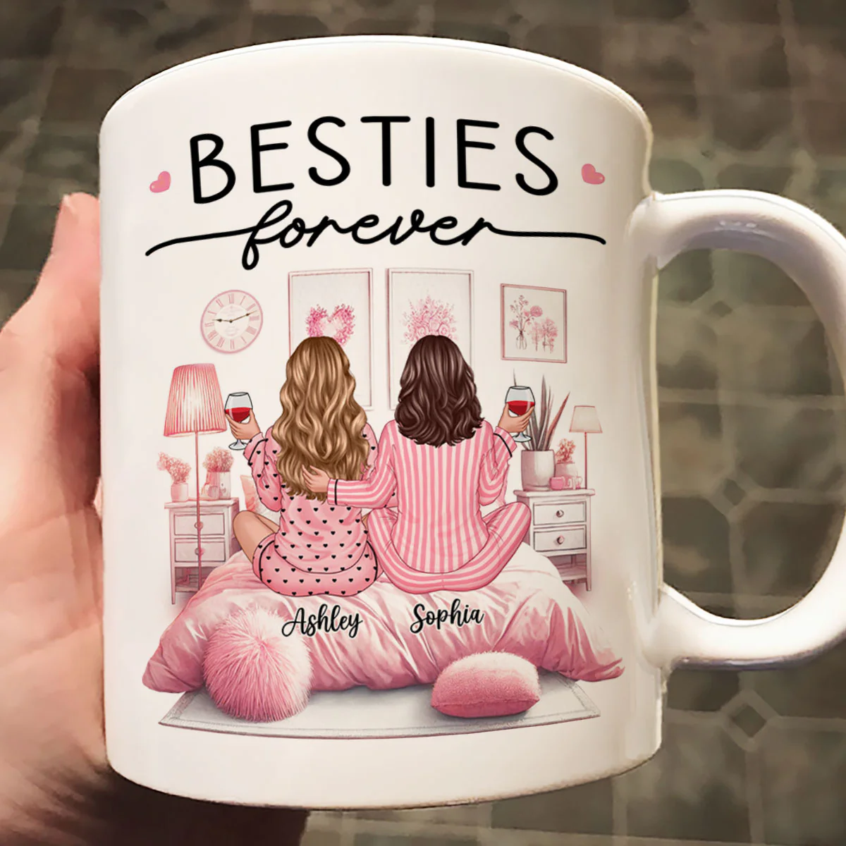 Pink Pajamas Besties In Cozy Room Personalized Mug, Heartfelt Gift For Best Friends, BFF - Image 5