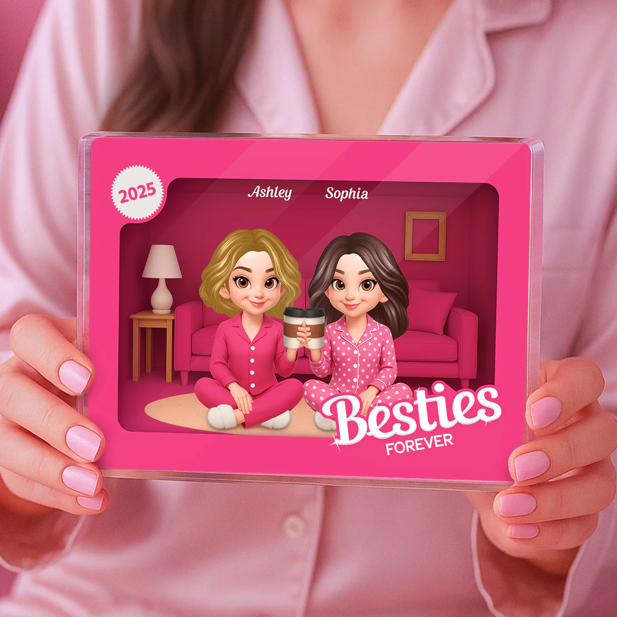 Pink Pajamas Besties In House Toy Box 3D Effect Personlized Acrylic Block - Image 5