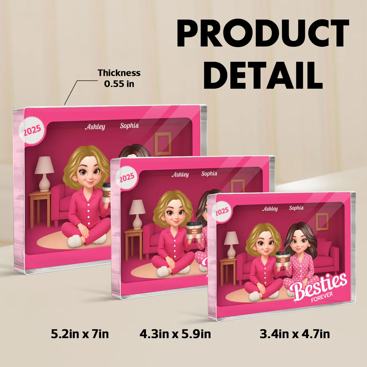 Pink Pajamas Besties In House Toy Box 3D Effect Personlized Acrylic Block - Image 6