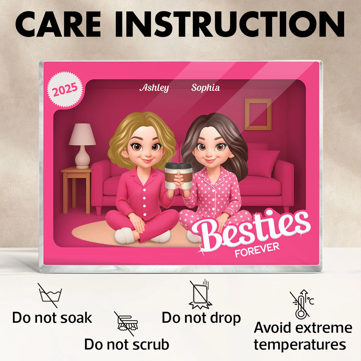 Pink Pajamas Besties In House Toy Box 3D Effect Personlized Acrylic Block - Image 7