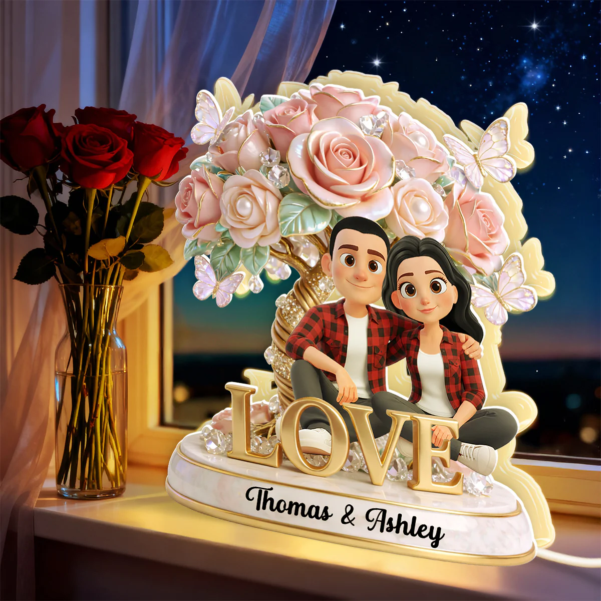 Pink Rose Couple Sitting on LOVE - Personalized Light Box - Heartfelt Valentine's Day Gift for Her, for Him - Image 2