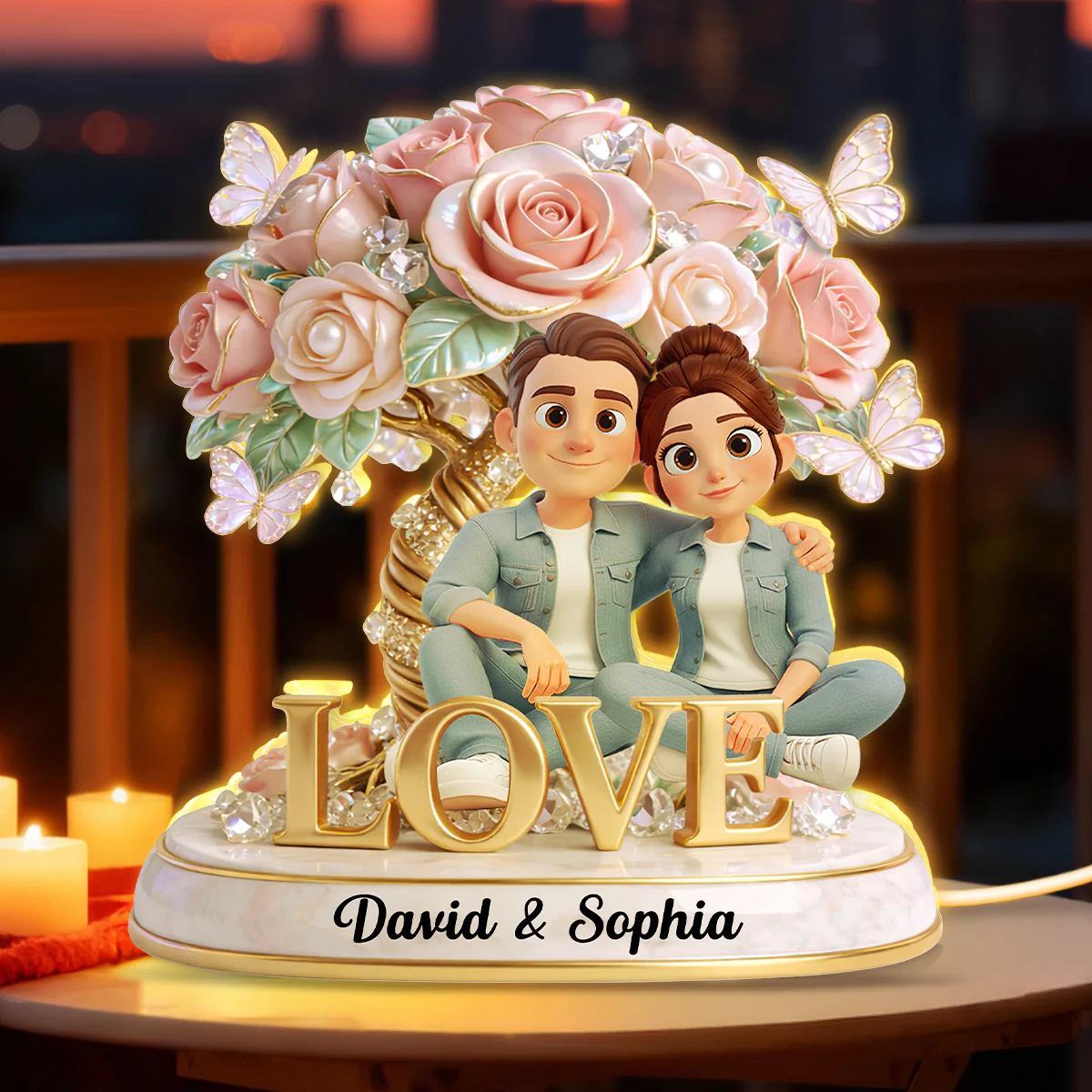Pink Rose Couple Sitting on LOVE - Personalized Light Box - Heartfelt Valentine's Day Gift for Her, for Him - Image 3