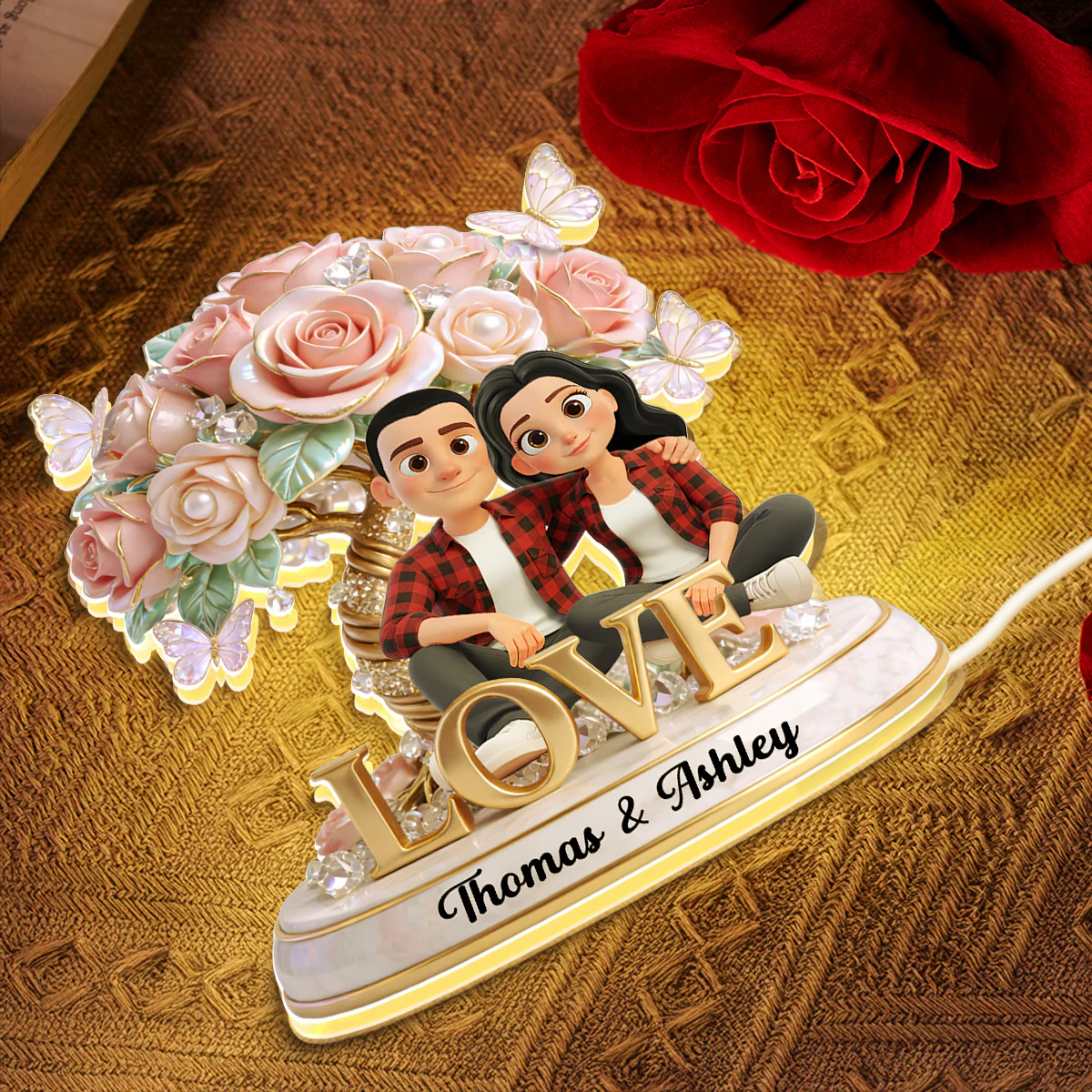 Pink Rose Couple Sitting on LOVE - Personalized Light Box - Heartfelt Valentine's Day Gift for Her, for Him - Image 7