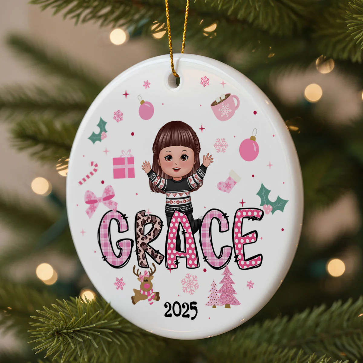 Pink Theme Cute Doll Girl Name Christmas - Personalized Ceramic Ornament - Gift For Daughter, Granddaughter - Image 2