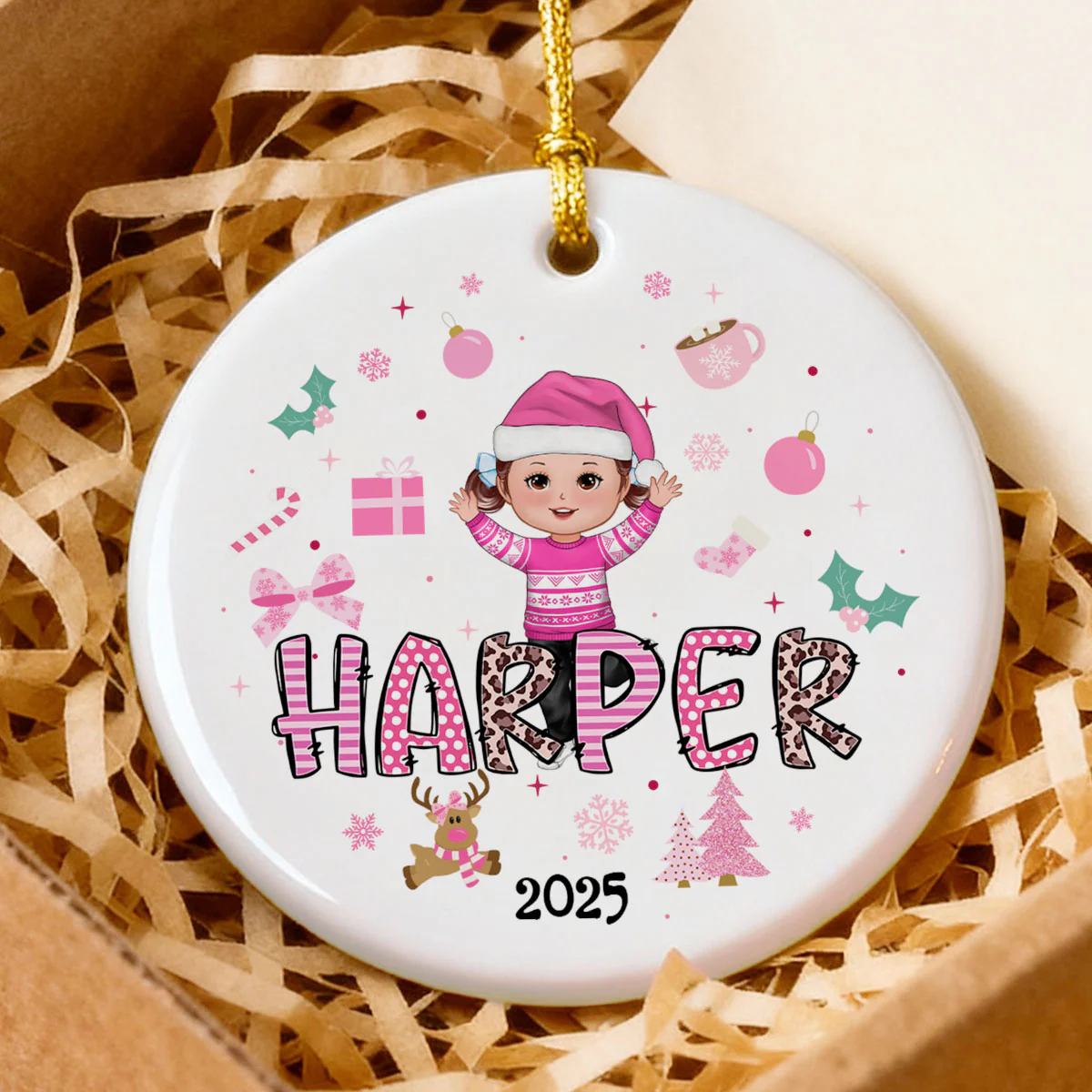 Pink Theme Cute Doll Girl Name Christmas - Personalized Ceramic Ornament - Gift For Daughter, Granddaughter - Image 3