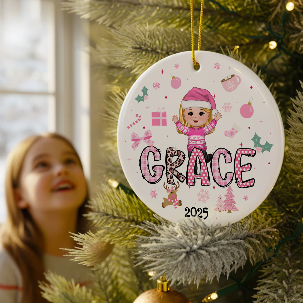 Pink Theme Cute Doll Girl Name Christmas - Personalized Ceramic Ornament - Gift For Daughter, Granddaughter - Image 6