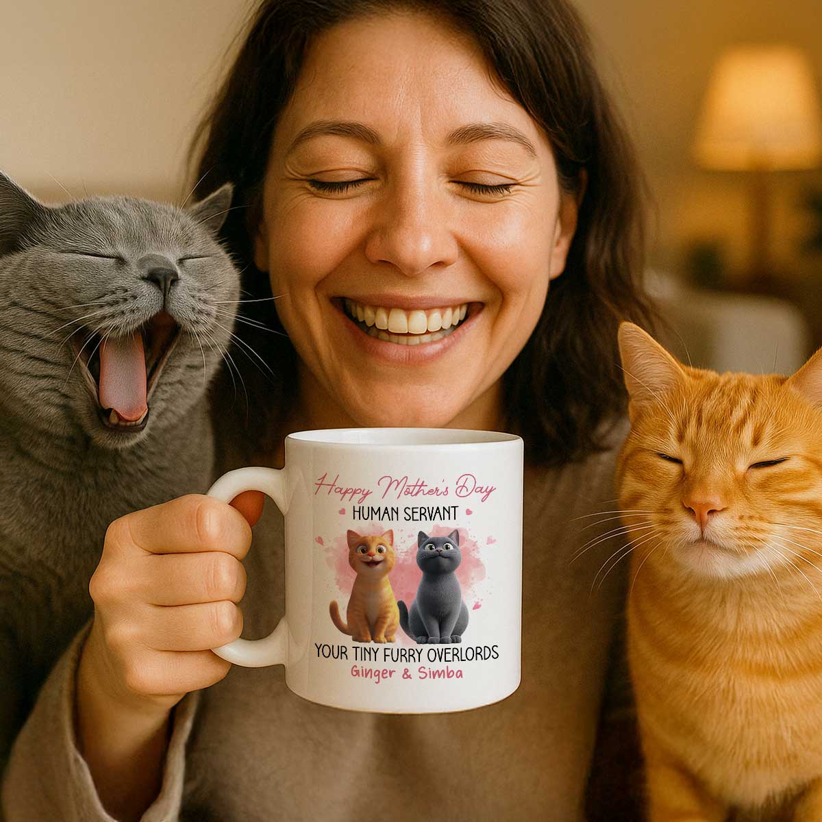 Pink Tone Happy Mother's Day Human Servant Cartoon Funny Cats Personalized Mug - Image 6