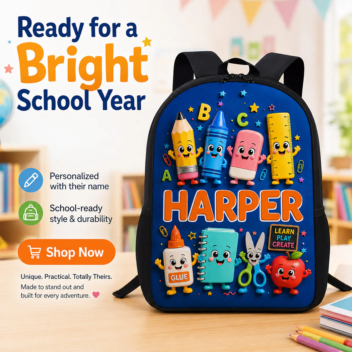 Playful School Things With Kid Name 2D Flat - Personalized Backpack - Back To School Gift - Image 8