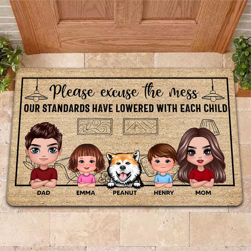 Please Excuse The Mess Funny Family Kid Dog Cat Personalized Doormat - Image 2