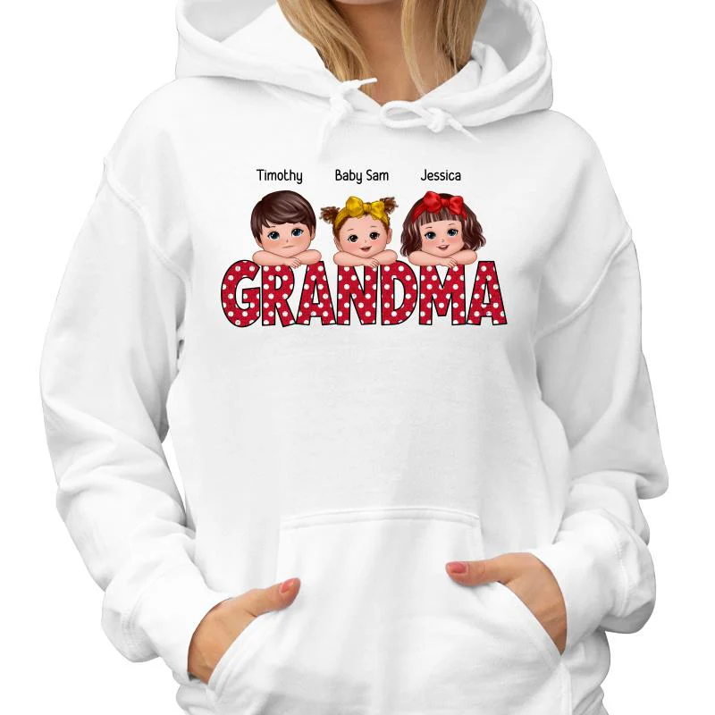 Polka Dot Grandma Cute Grandkids Laying Head On Arms Personalized Shirt - Image 4