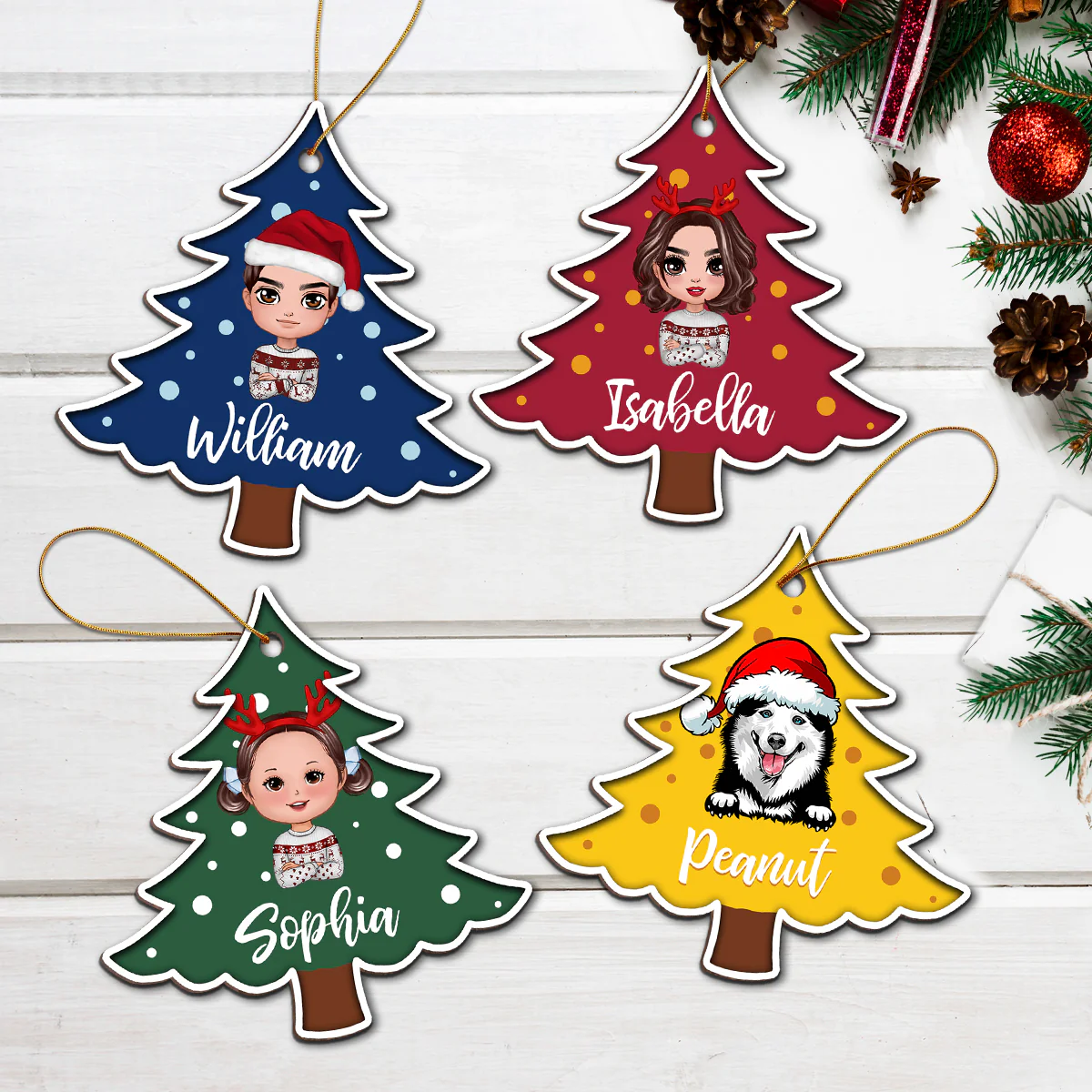 Polka Dot Pattern Christmas Tree Custom Character Family Member Gift For Kids Adult Personalized Wooden Ornament