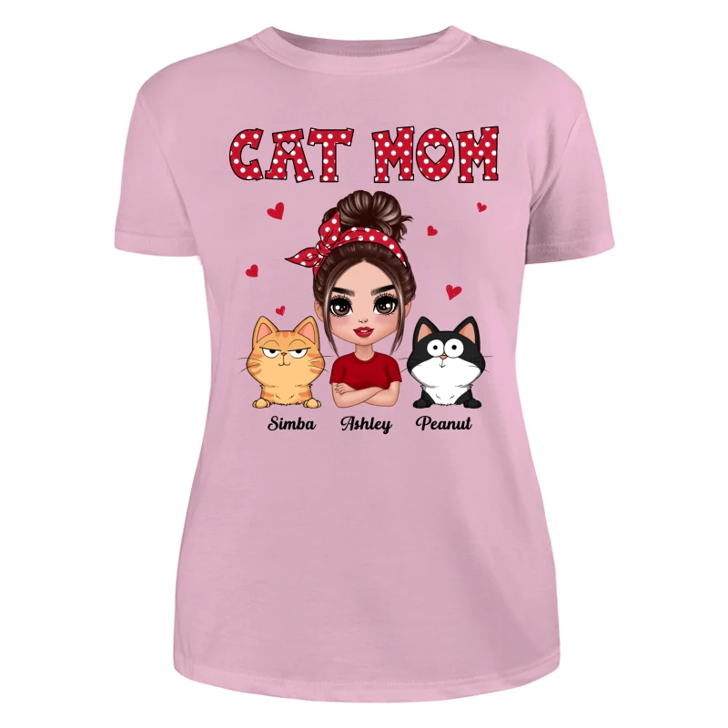 Polka Dot Pattern Doll Cat Mom Funny Cat Expressions Personalized Shirt - Image 11