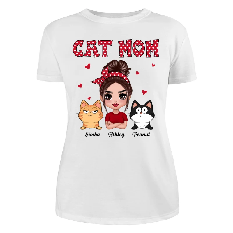 Polka Dot Pattern Doll Cat Mom Funny Cat Expressions Personalized Shirt - Image 9