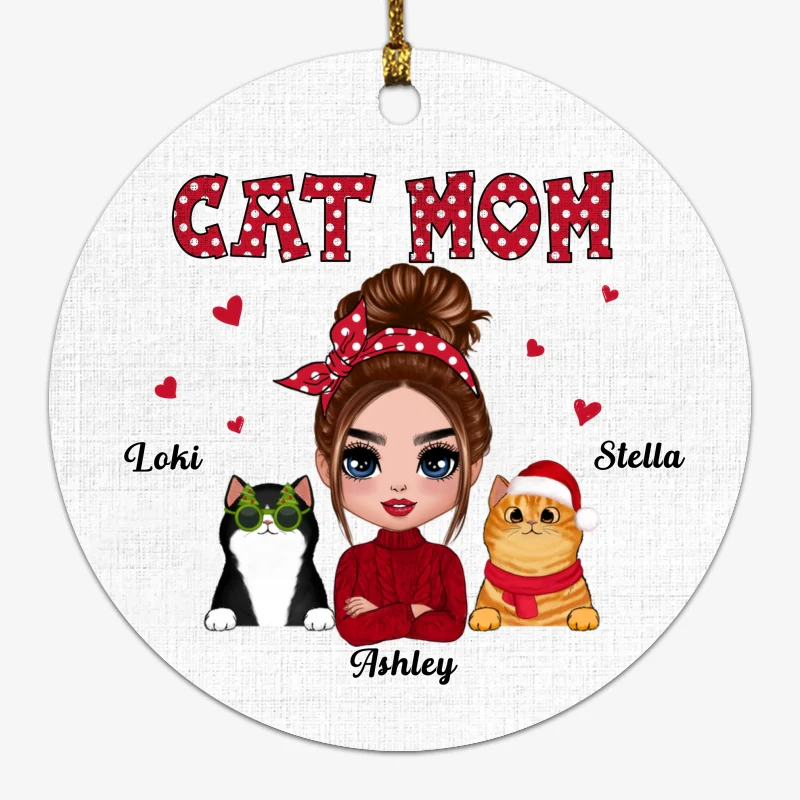 Polka Dot Pattern Doll Cat Mom Personalized Circle Ornament - Image 2