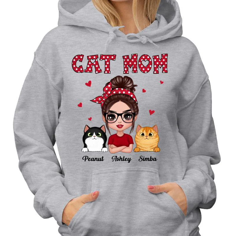 Polka Dot Pattern Doll Cat Mom Personalized Shirt - Image 4