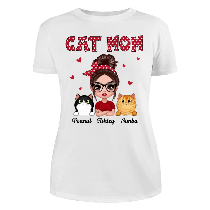 Polka Dot Pattern Doll Cat Mom Personalized Shirt - Image 9