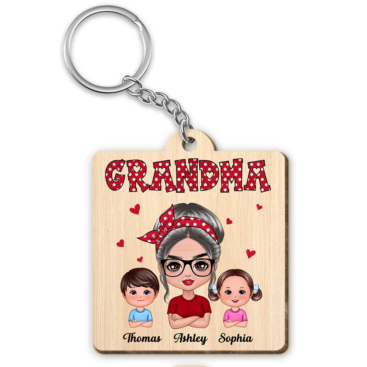 Polka Dot Pattern Grandma And Grandkids Personalized Wooden Keychain