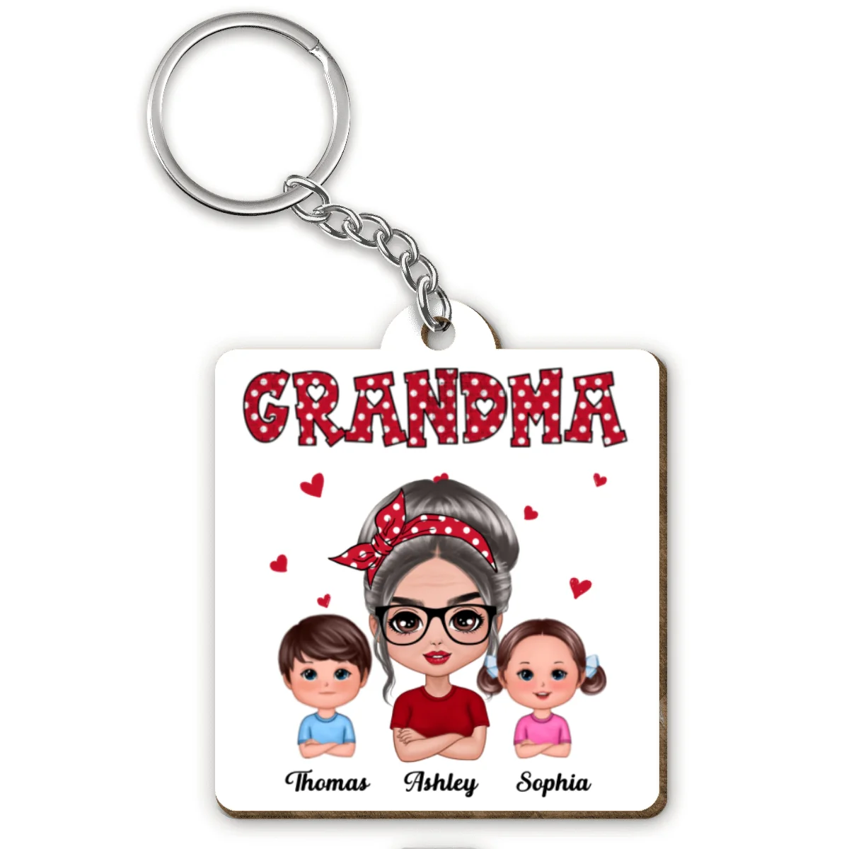 Polka Dot Pattern Grandma And Grandkids Personalized Wooden Keychain - Image 4