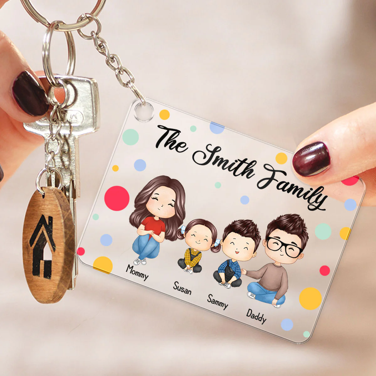 Polka Dot Pattern Whole Family Couple Dad Mom Kids Dogs Cats Watercolor Styles Sitting Personalized Acrylic Keychain - Image 3