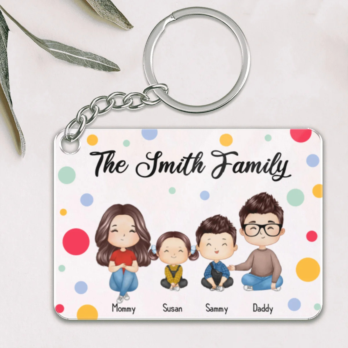 Polka Dot Pattern Whole Family Couple Dad Mom Kids Dogs Cats Watercolor Styles Sitting Personalized Acrylic Keychain - Image 4