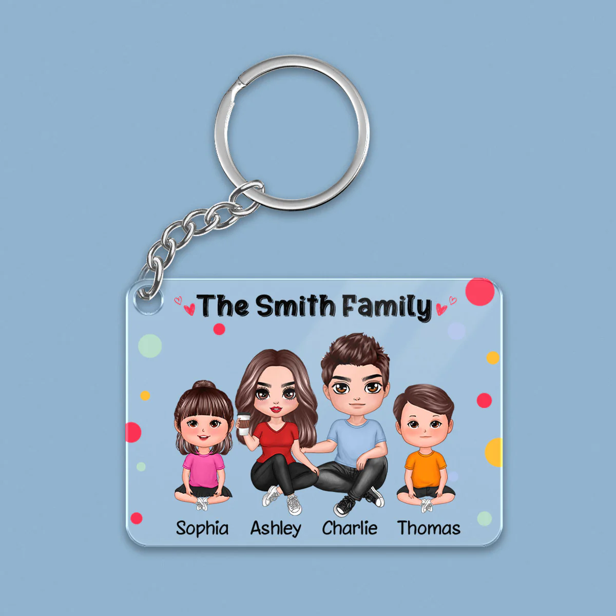 Polka Dot Pattern Whole Family Doll Couple Dad Mom Kids Dogs Cats Personalized Acrylic Keychain - Image 2
