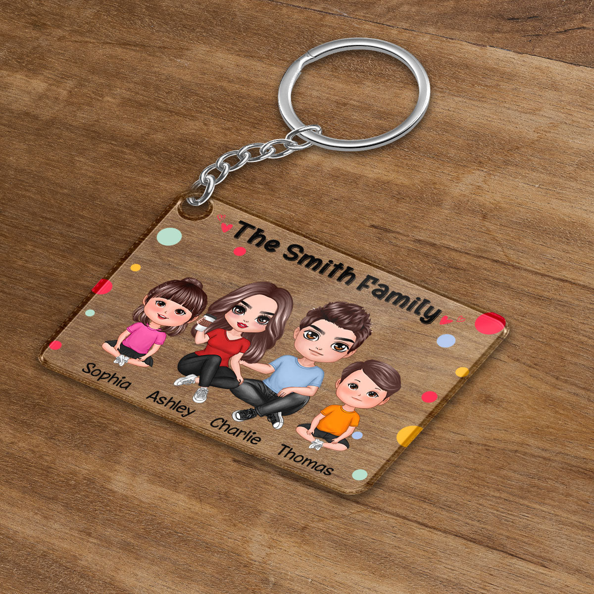 Polka Dot Pattern Whole Family Doll Couple Dad Mom Kids Dogs Cats Personalized Acrylic Keychain - Image 3