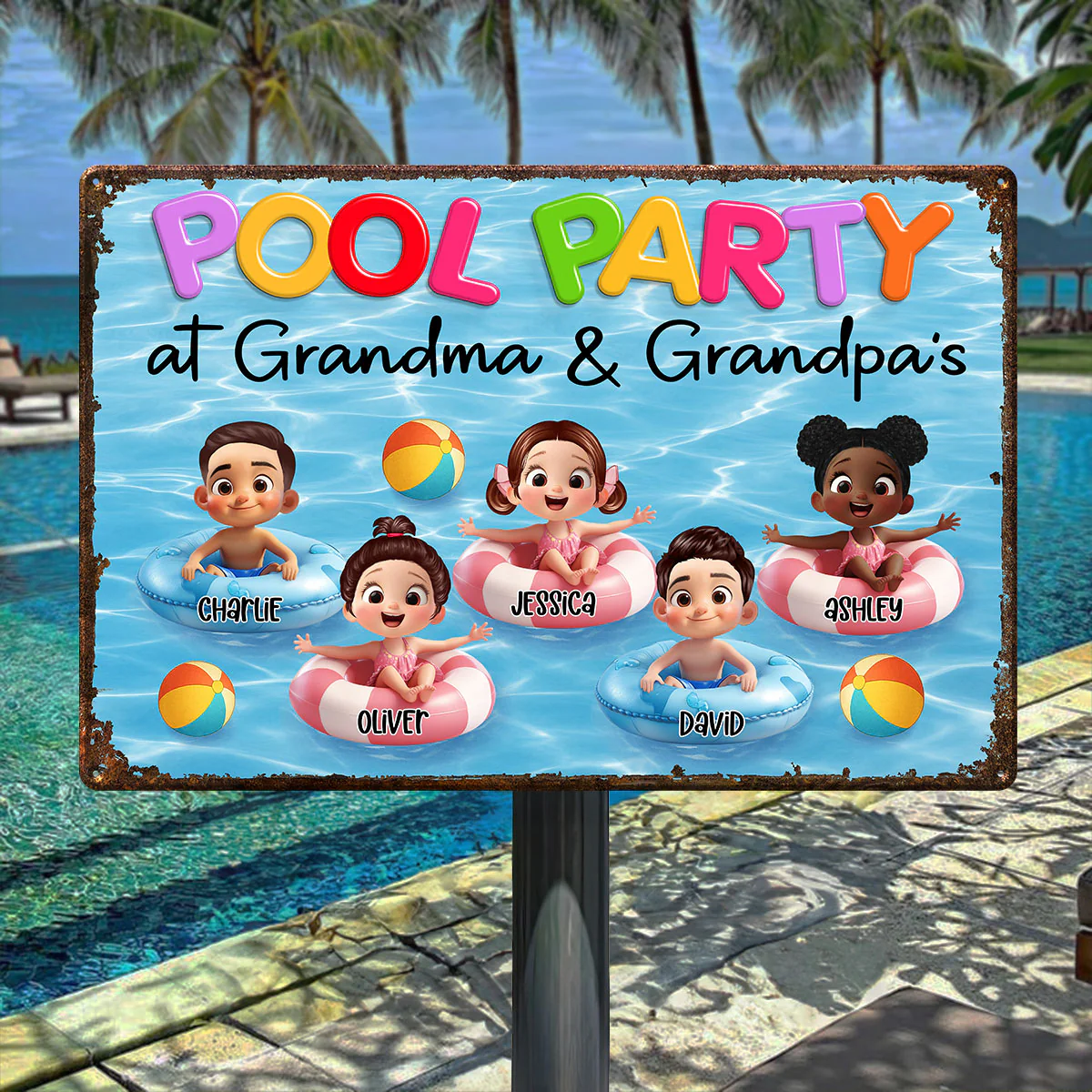Pool Party At Grandma Grandpa Personalized Metal Sign, Grandchildren Welcome Sign