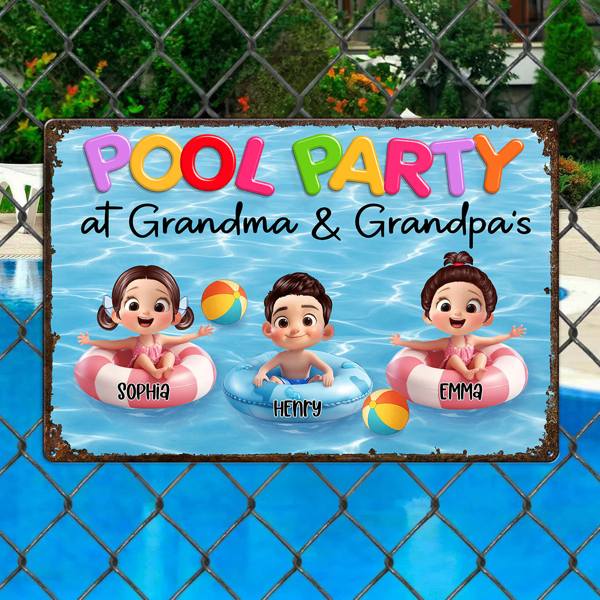Pool Party At Grandma Grandpa Personalized Metal Sign, Grandchildren Welcome Sign - Image 2