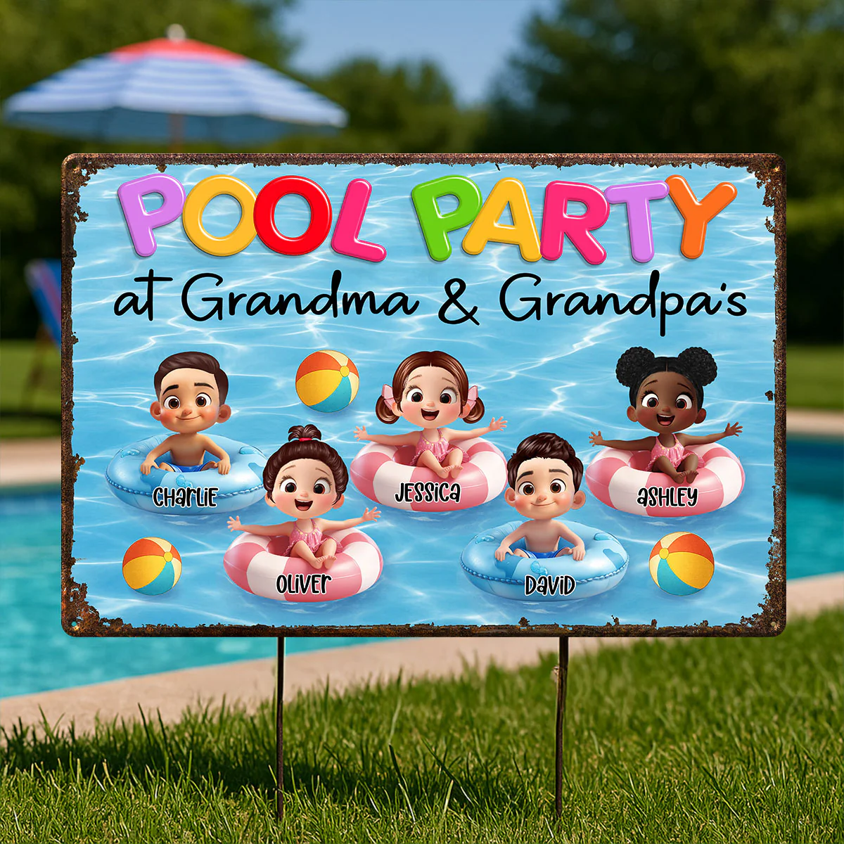 Pool Party At Grandma Grandpa Personalized Metal Sign, Grandchildren Welcome Sign - Image 3