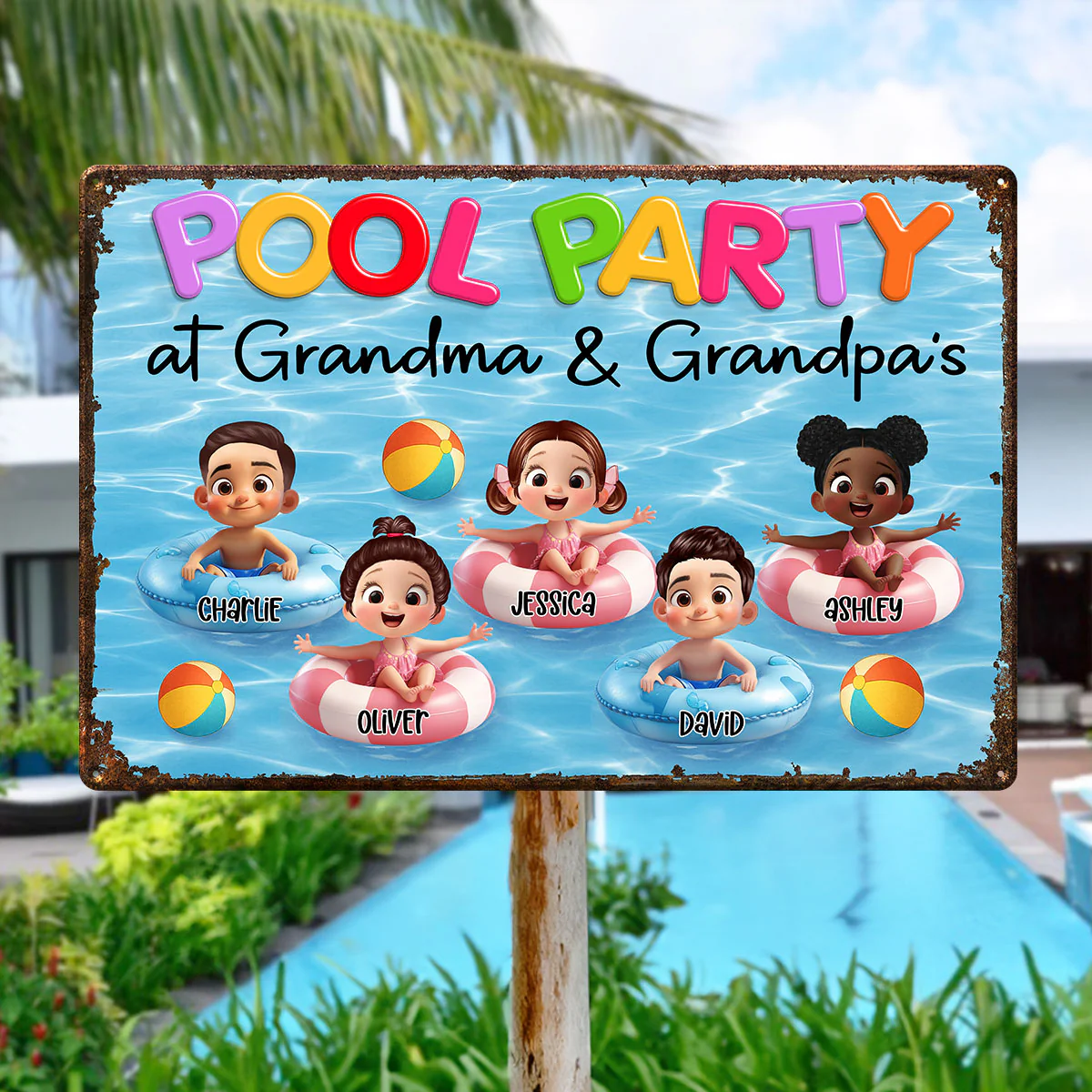 Pool Party At Grandma Grandpa Personalized Metal Sign, Grandchildren Welcome Sign - Image 5