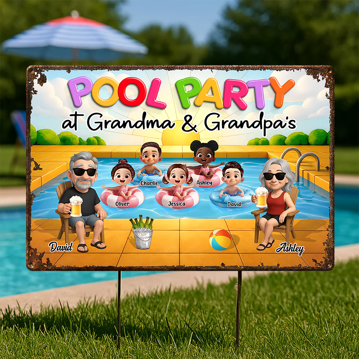 Pool Party At Grandma Grandpa Personalized Metal Sign, Grandparents Hosting Grandkids - Image 2