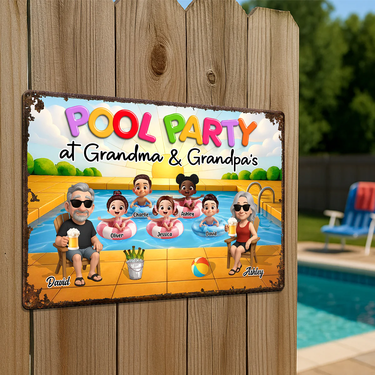 Pool Party At Grandma Grandpa Personalized Metal Sign, Grandparents Hosting Grandkids - Image 5