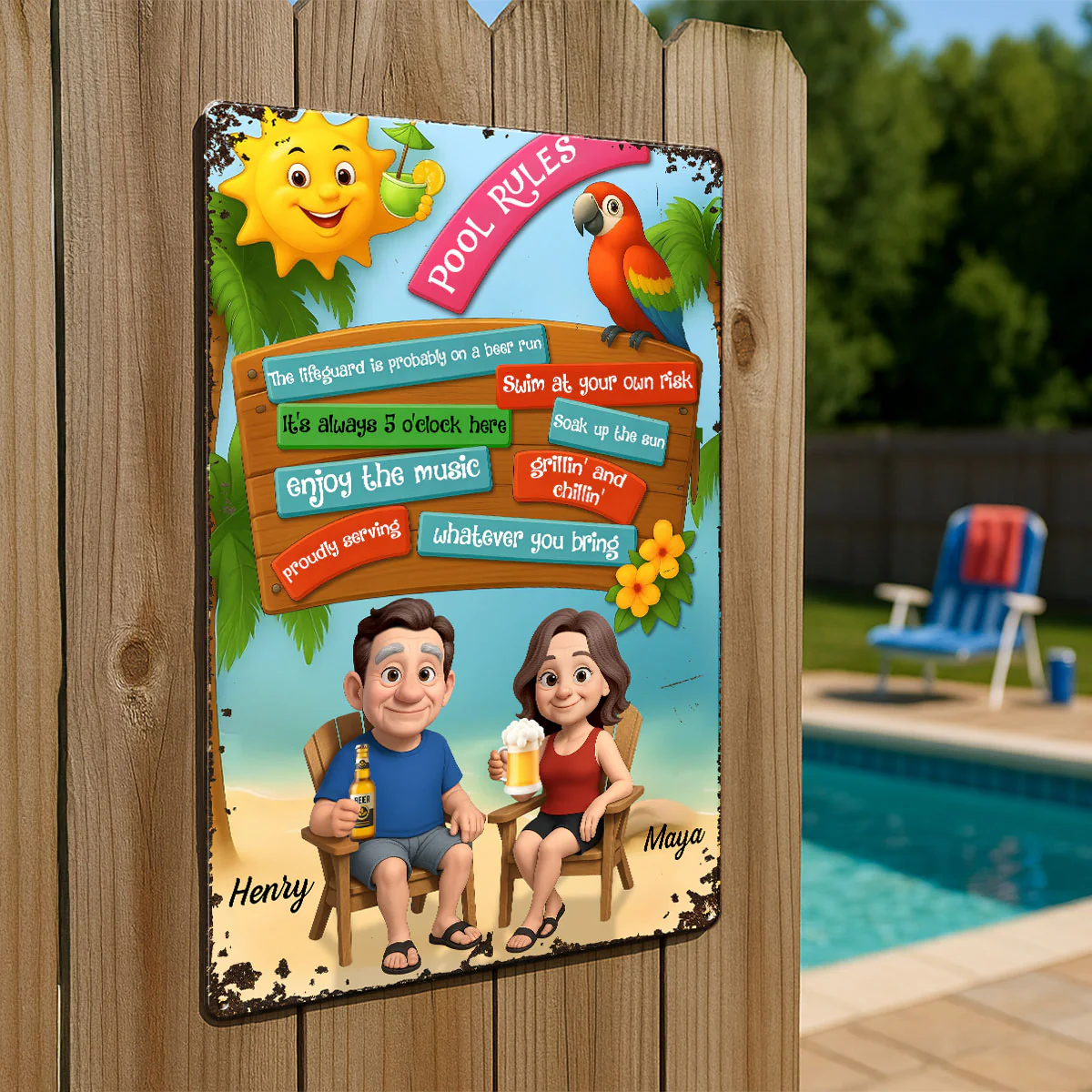 Pool Rules Couple Summer 3D Effect Personalized Metal Sign - Image 2