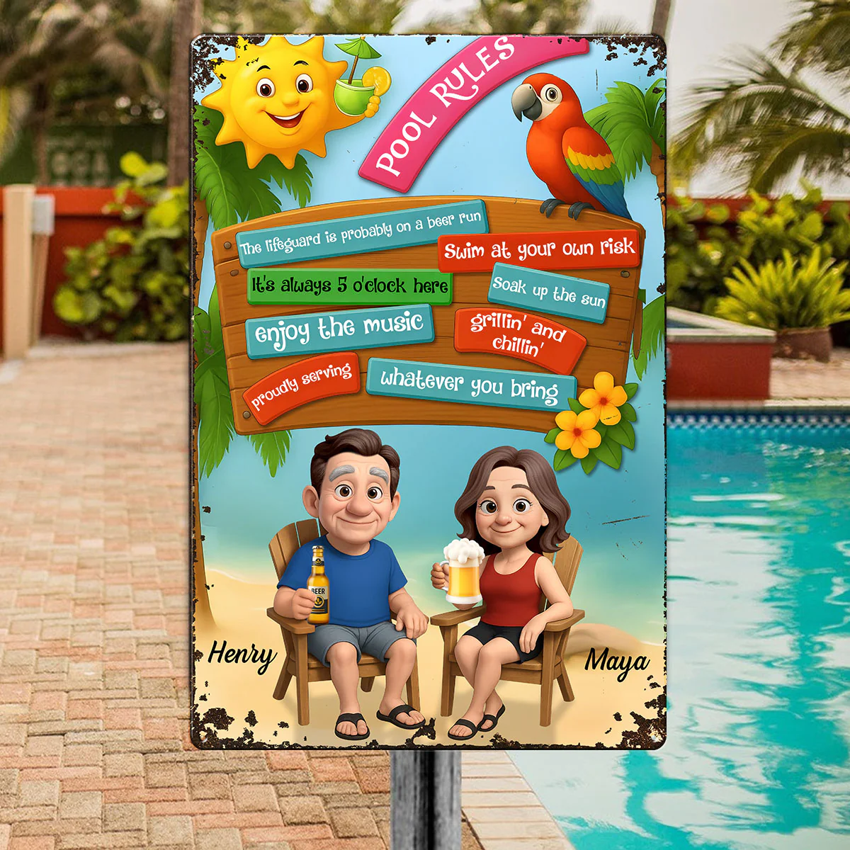 Pool Rules Couple Summer 3D Effect Personalized Metal Sign - Image 3