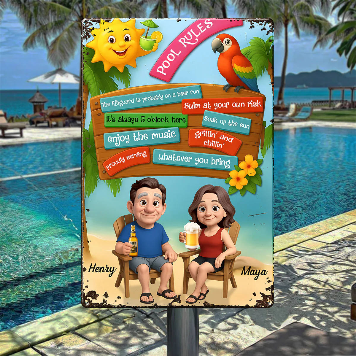Pool Rules Couple Summer 3D Effect Personalized Metal Sign - Image 4