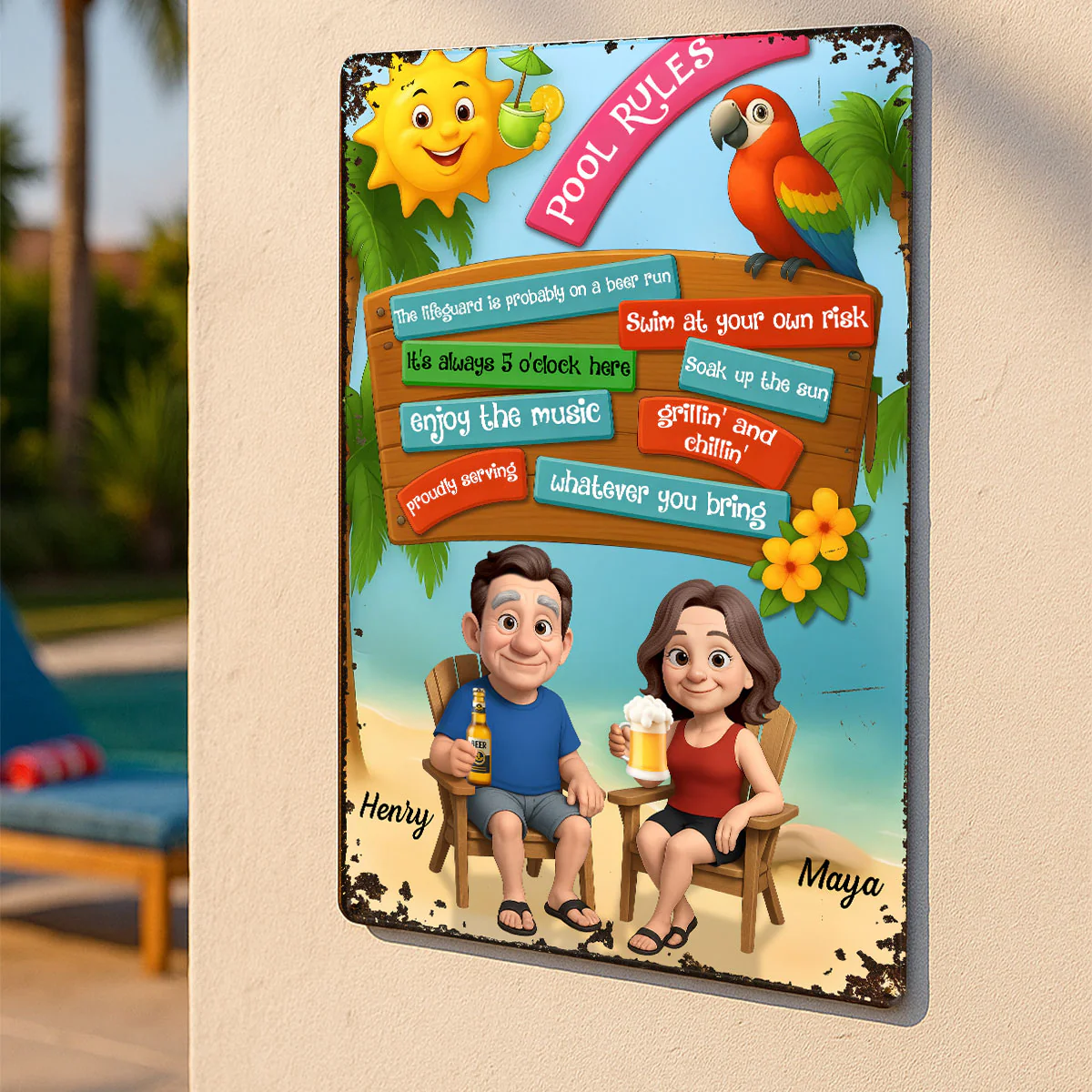 Pool Rules Couple Summer 3D Effect Personalized Metal Sign - Image 5