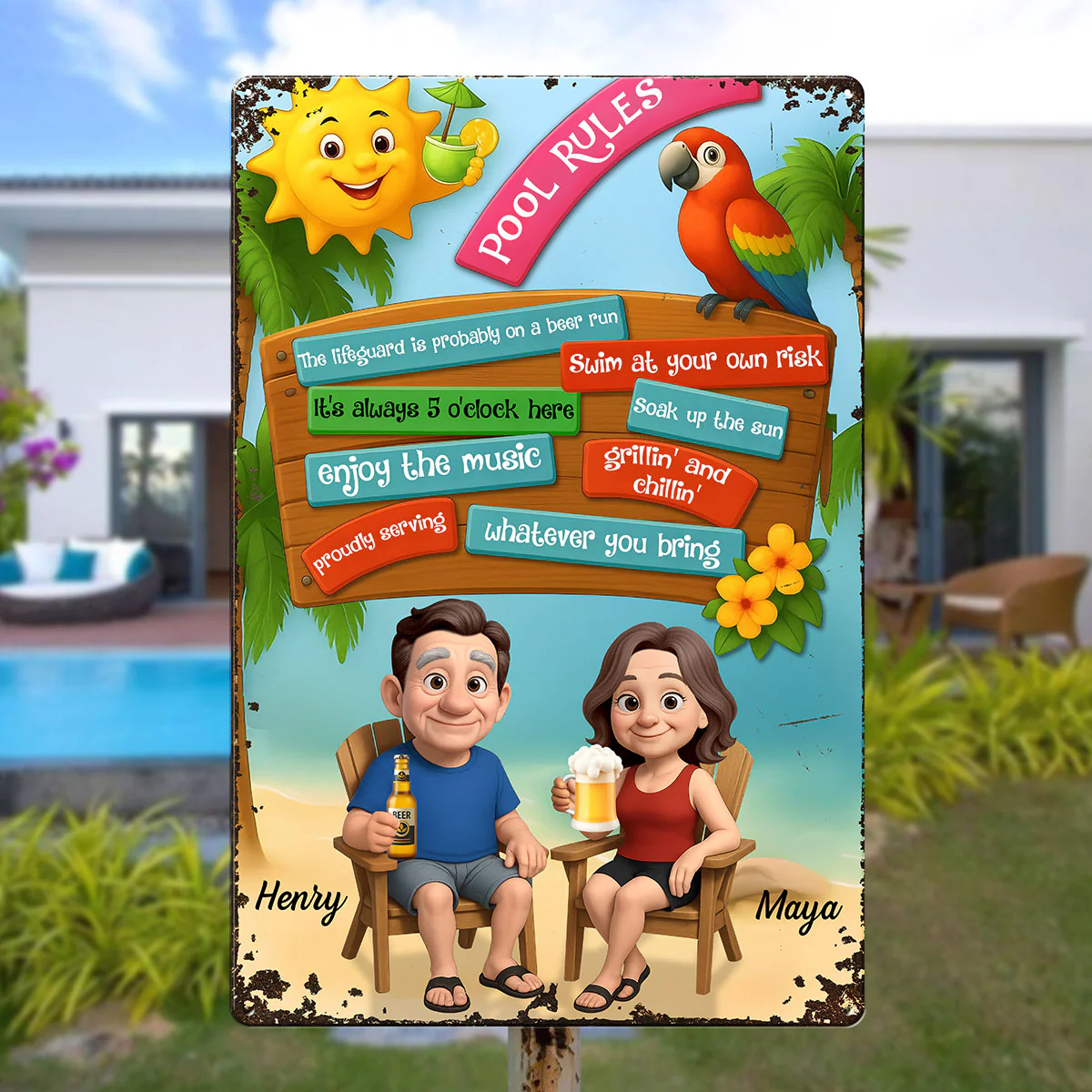 Pool Rules Couple Summer 3D Effect Personalized Metal Sign - Image 6