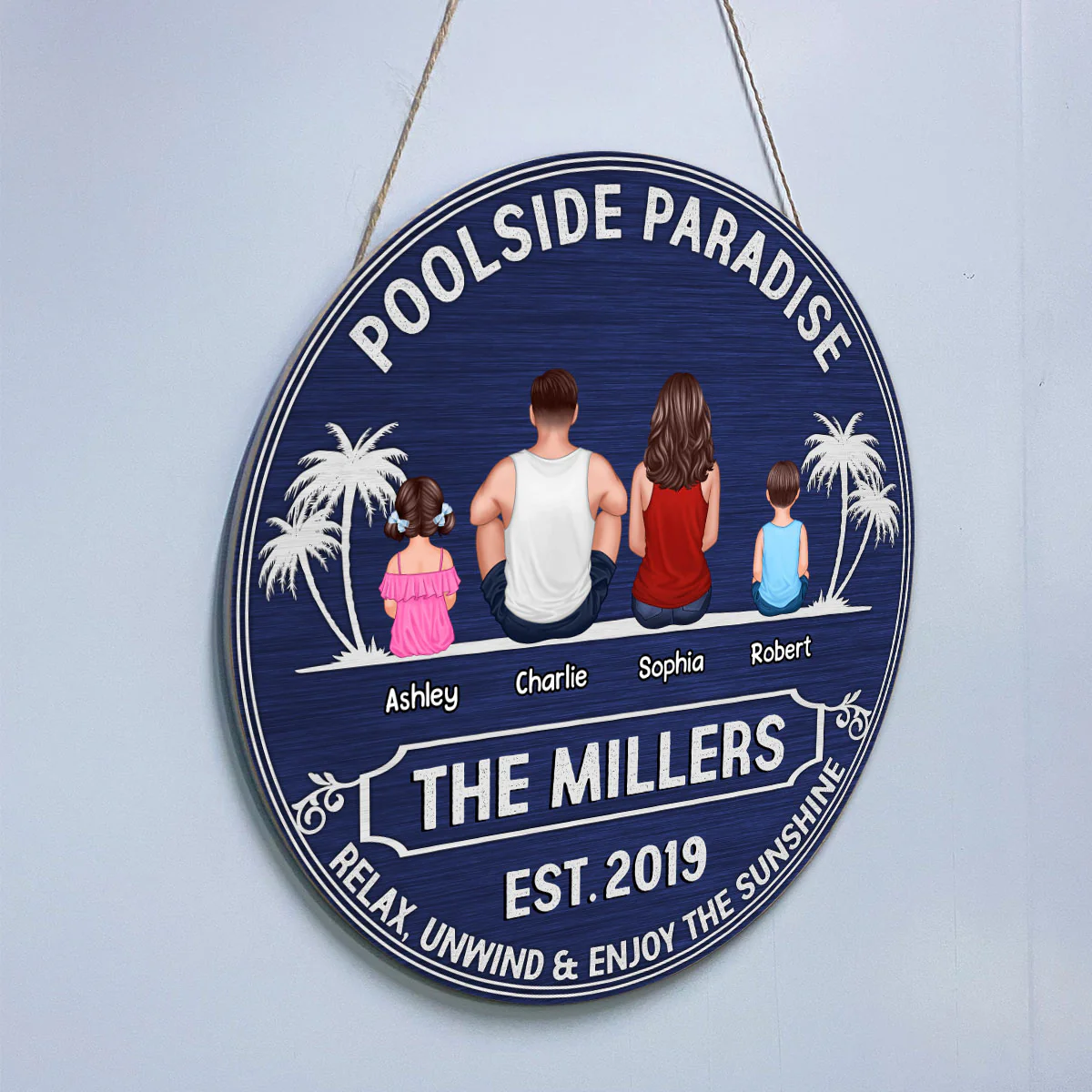 Poolside Paradise Back View Summer Sitting Family Couple Personalized Round Pool Sign - Image 3