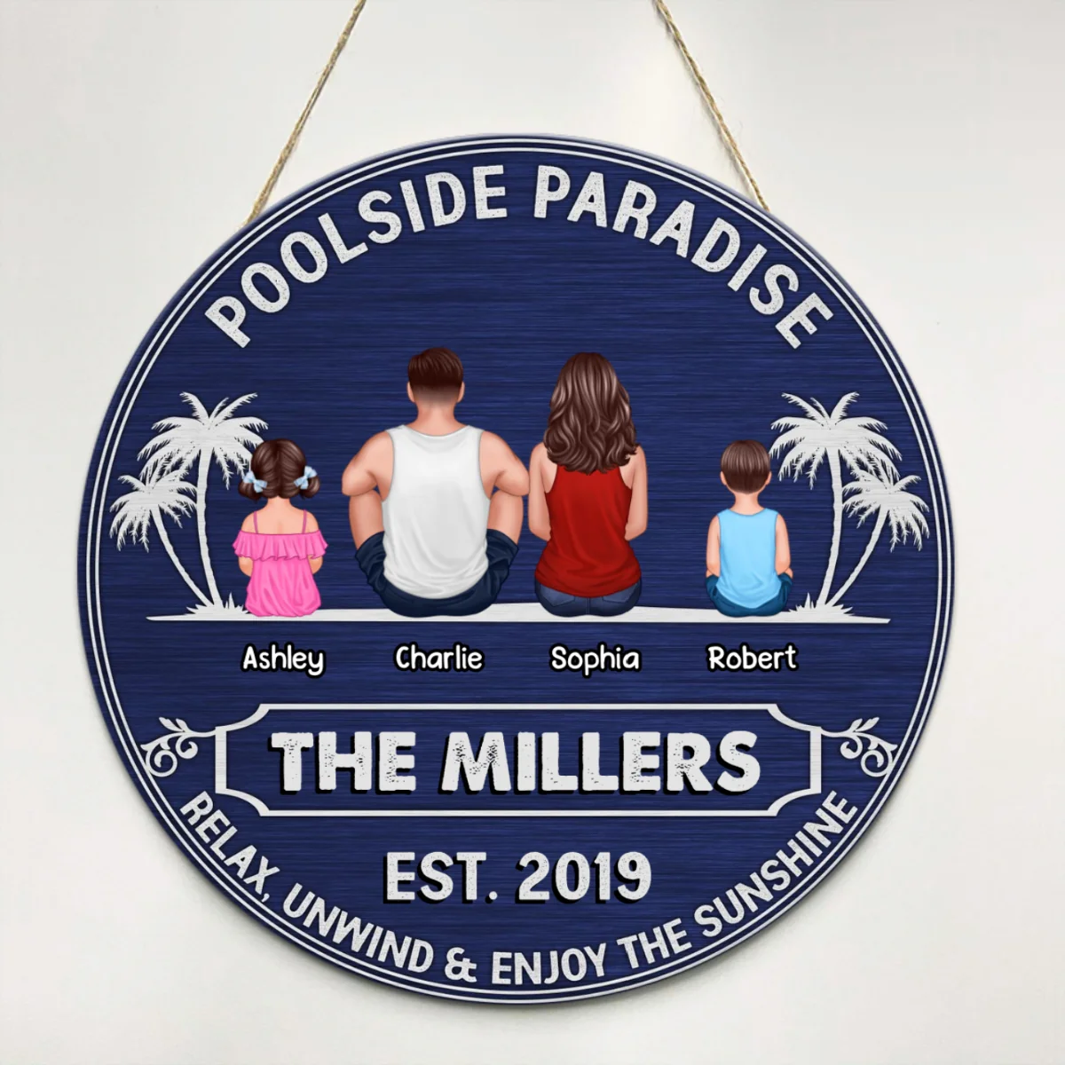 Poolside Paradise Back View Summer Sitting Family Couple Personalized Round Pool Sign - Image 4