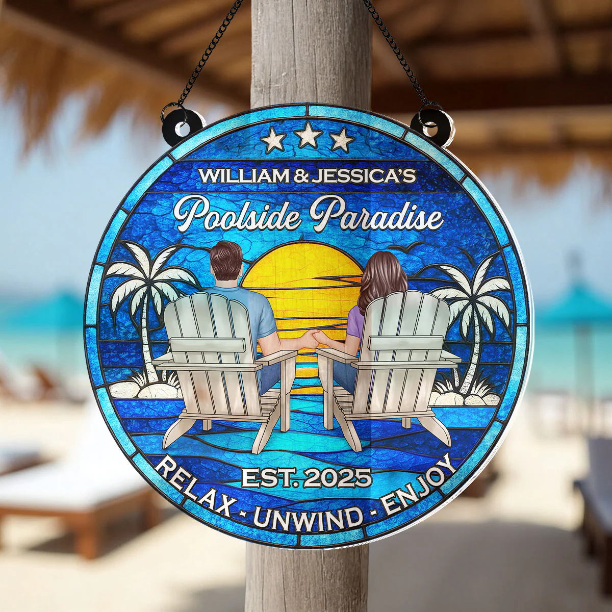 Poolside Paradise Couple Sitting Personalized Suncatcher, Summer Decor - Image 2