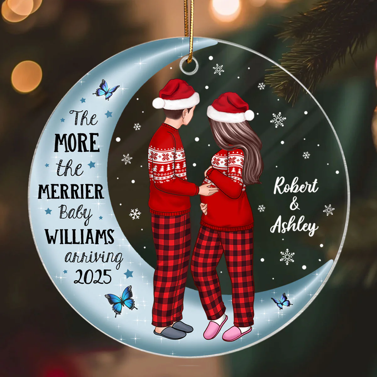 Pregnancy Custom Family On Moon, Expecting New Baby, Mom to be Gift Acrylic Circle Ornament - Image 2