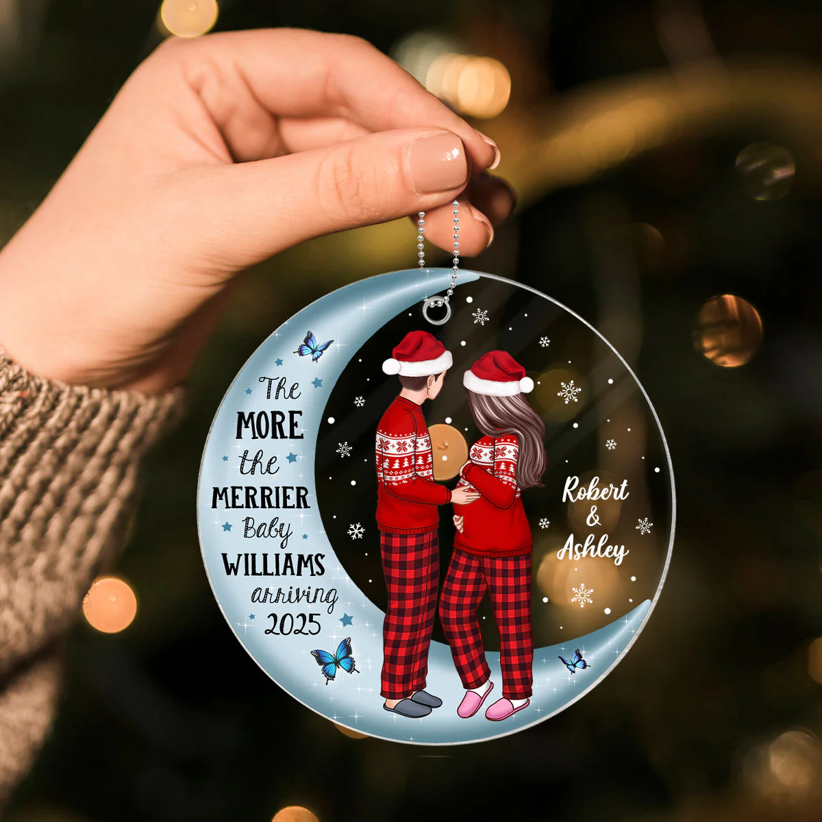 Pregnancy Custom Family On Moon, Expecting New Baby, Mom to be Gift Acrylic Circle Ornament - Image 4