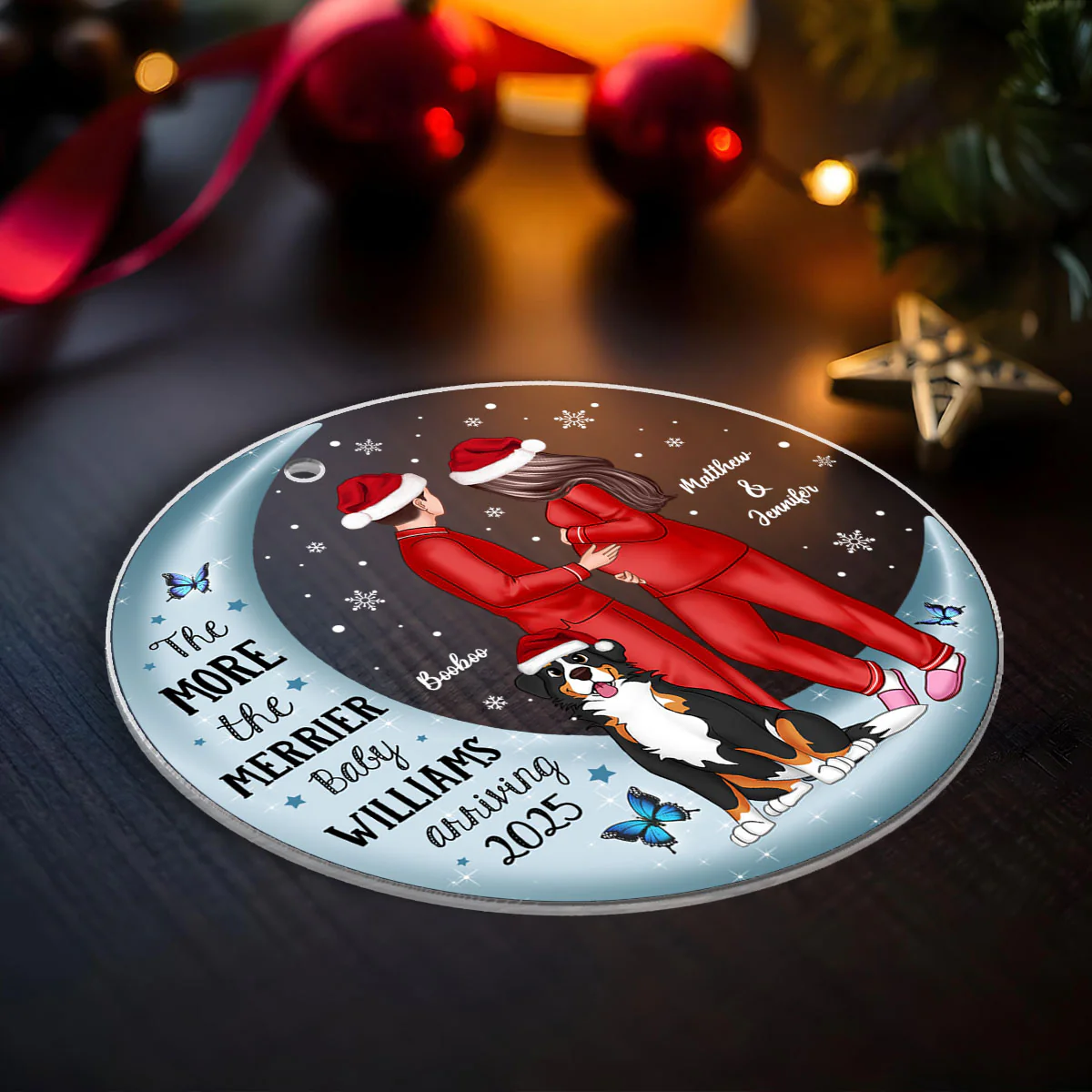 Pregnancy Custom Family On Moon, Expecting New Baby, Mom to be Gift Acrylic Circle Ornament - Image 5
