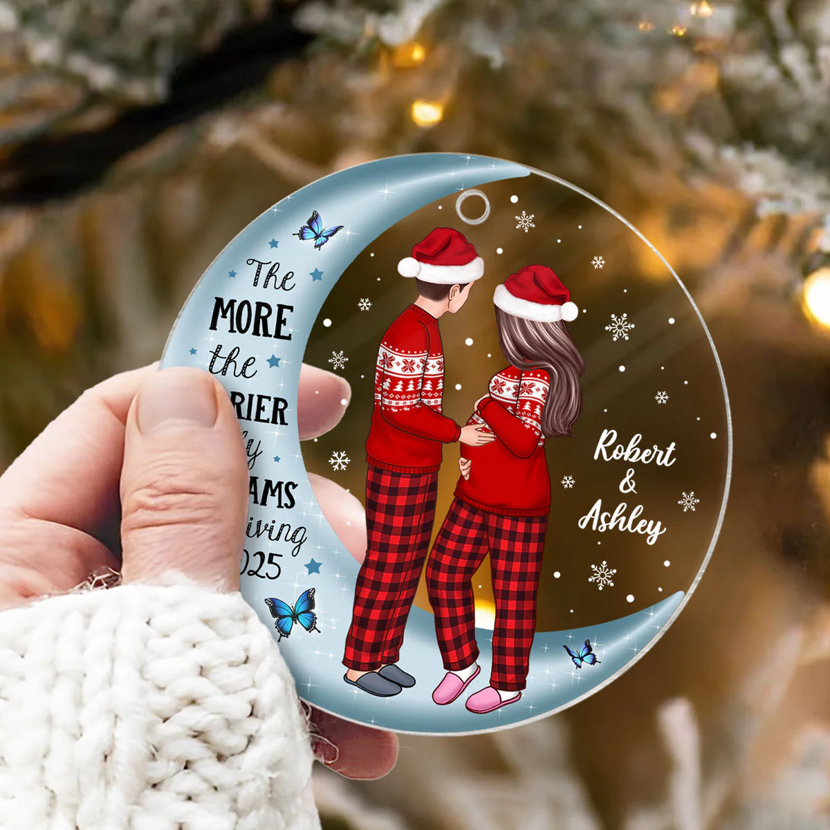 Pregnancy Custom Family On Moon, Expecting New Baby, Mom to be Gift Acrylic Circle Ornament - Image 6