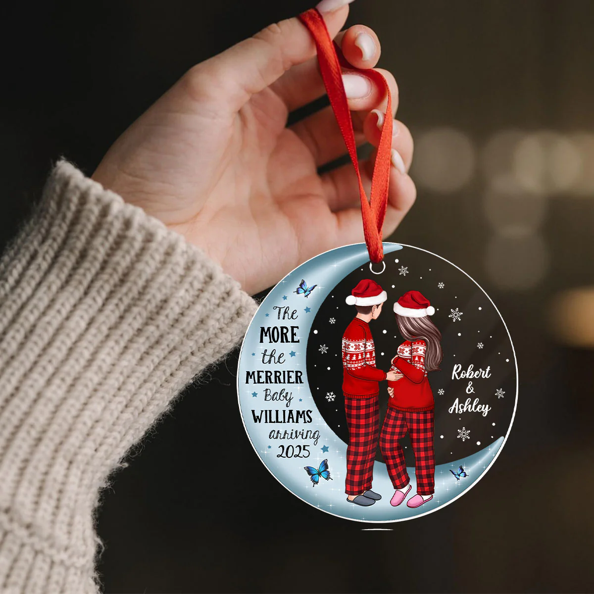 Pregnancy Custom Family On Moon, Expecting New Baby, Mom to be Gift Acrylic Circle Ornament - Image 8